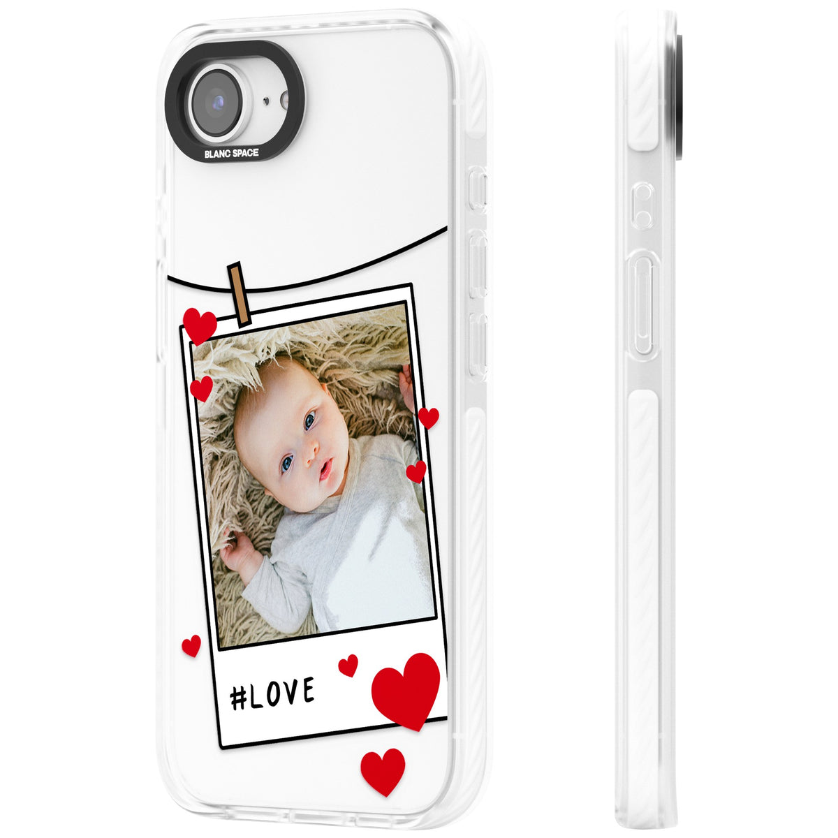 Personalised Paperclip & Hearts Polaroid iPhone 16e / iPhone 17e Impact Clear Phone Case side