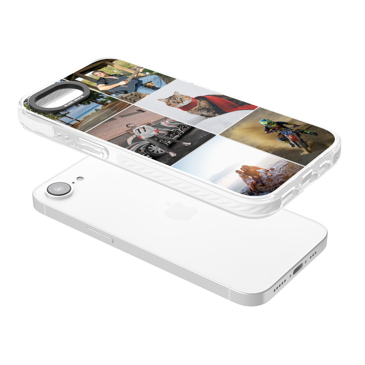 Personalised 6 Photo Grid iPhone 16e / iPhone 17e Impact Clear Phone Case angled