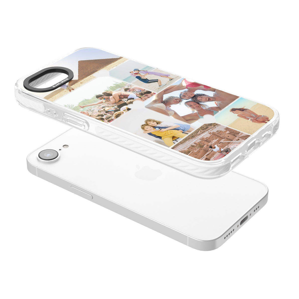 Personalised Heart Photo Grid iPhone 16e / iPhone 17e Impact Clear Phone Case angled