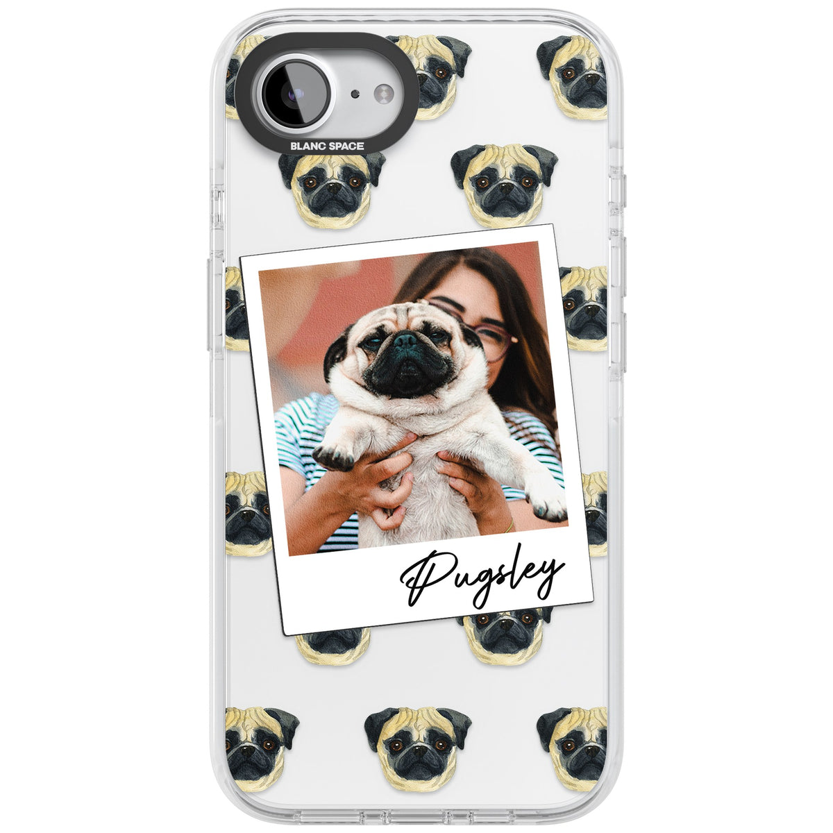 Personalised Pug Instant Camera Photo iPhone 16e / iPhone 17e Impact Clear Phone Case front
