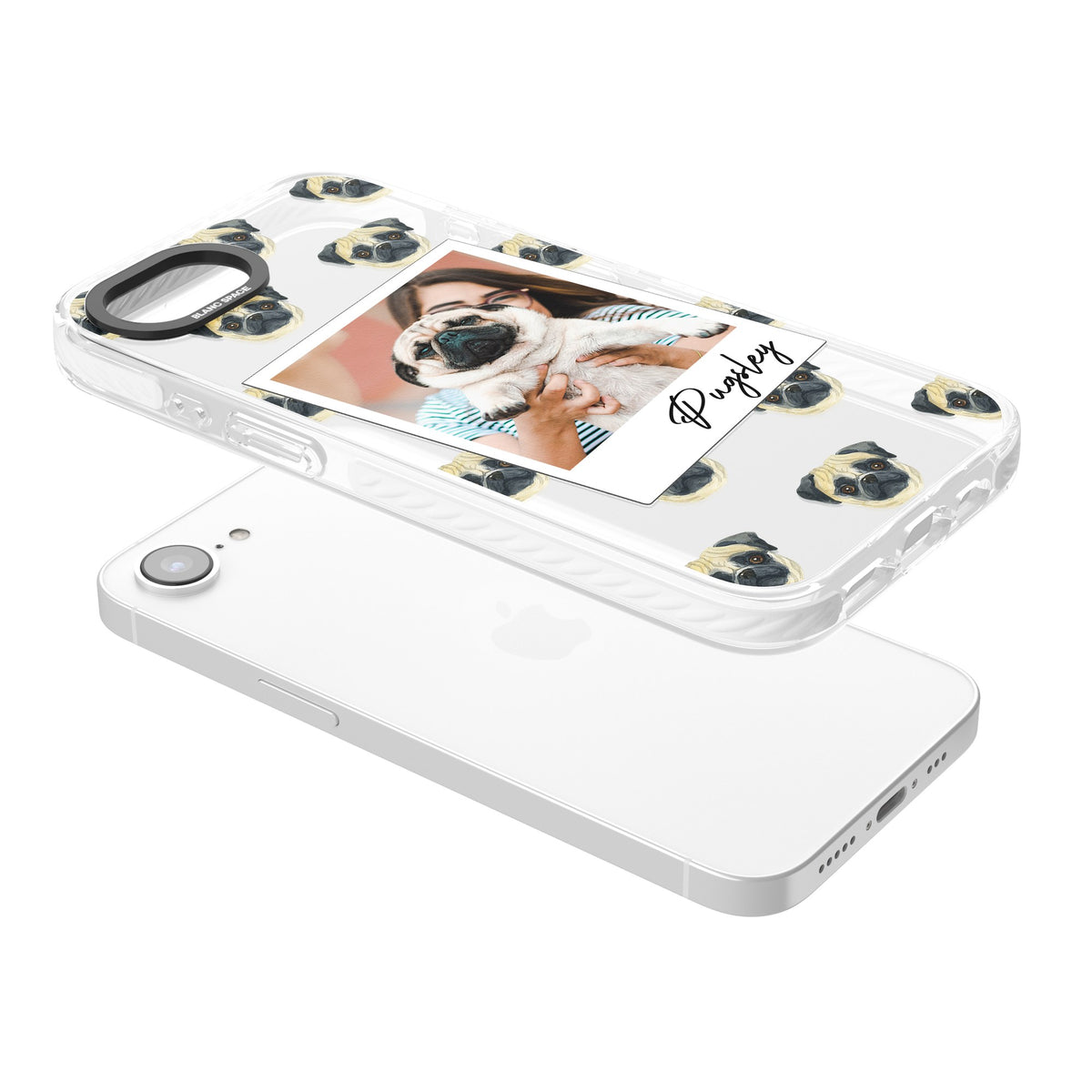 Personalised Pug Instant Camera Photo iPhone 16e / iPhone 17e Impact Clear Phone Case angled