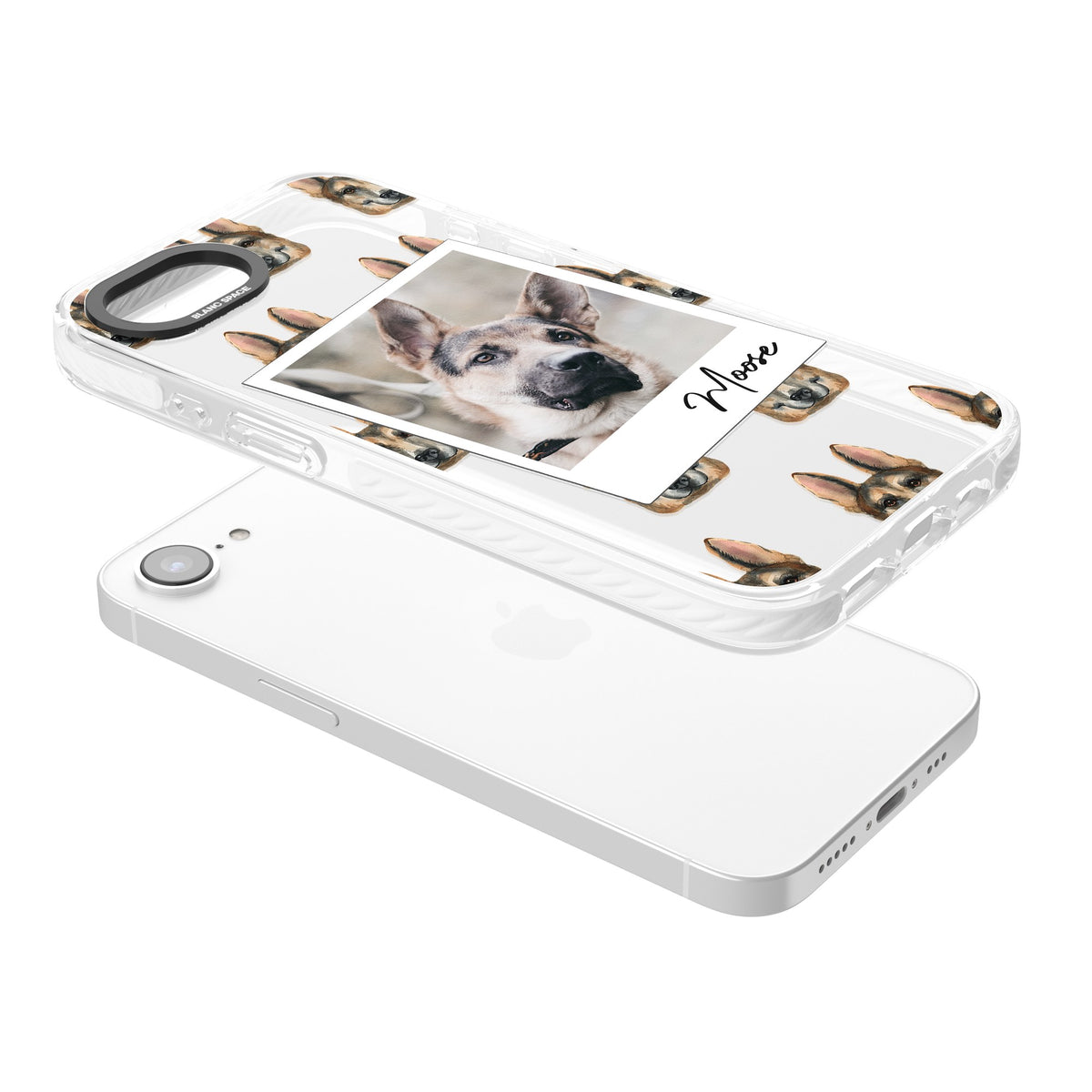 Personalised German Shepherd Instant Camera Photo iPhone 16e / iPhone 17e Impact Clear Phone Case angled