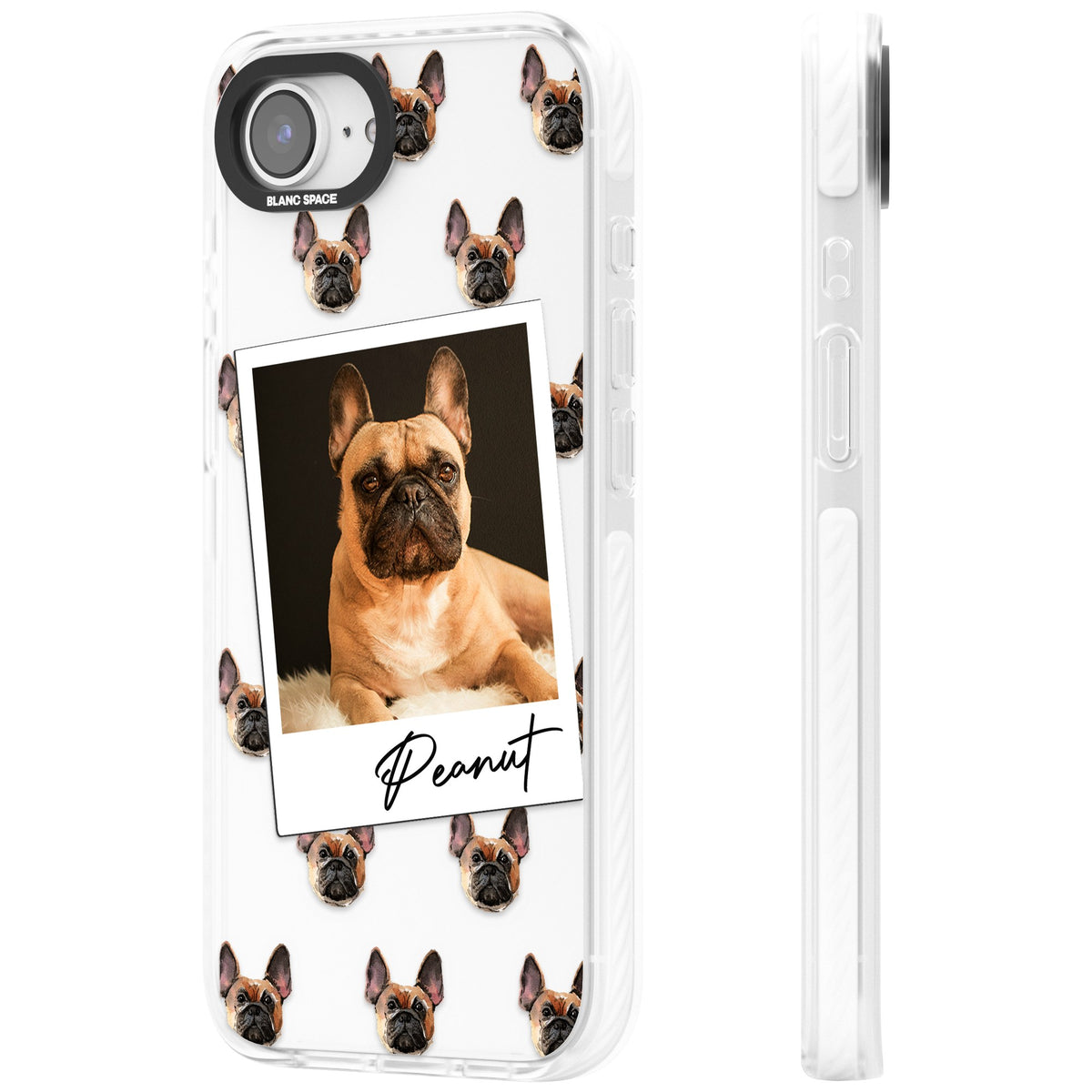 Personalised Tan French Bulldog Instant Camera Photo iPhone 16e / iPhone 17e Impact Clear Phone Case side
