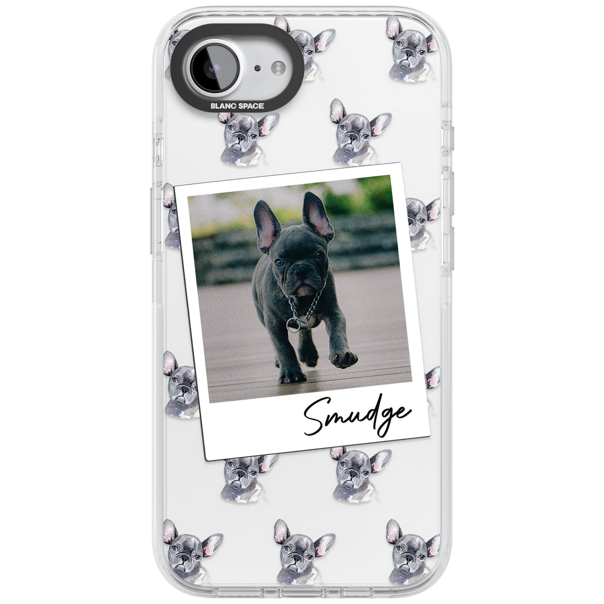 Personalised Grey French Bulldog Instant Camera Photo iPhone 16e / iPhone 17e Impact Clear Phone Case front