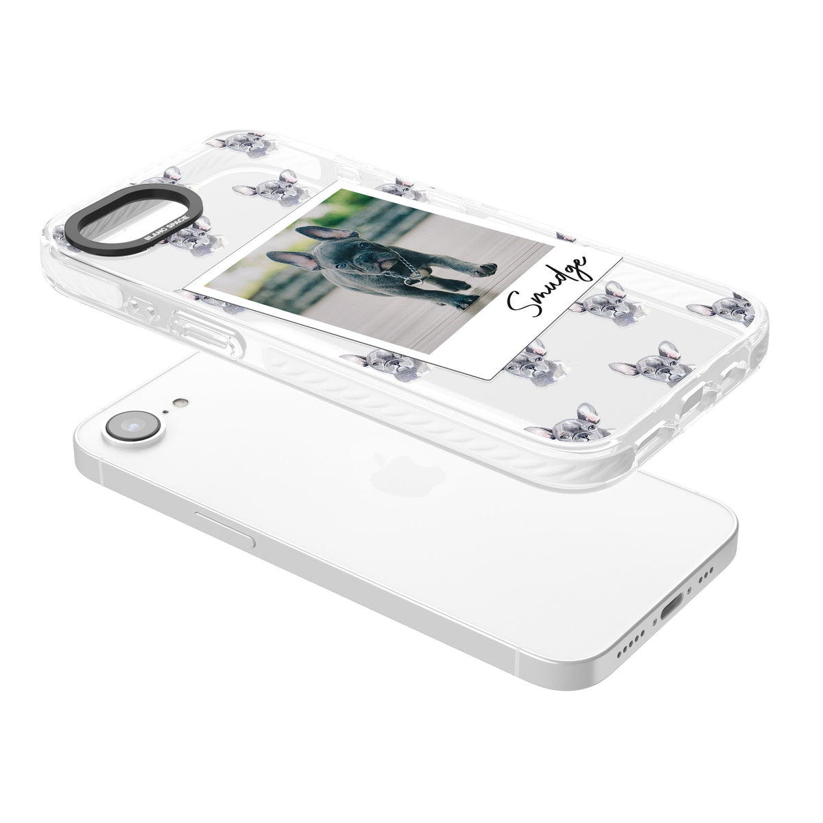 Personalised Grey French Bulldog Instant Camera Photo iPhone 16e / iPhone 17e Impact Clear Phone Case angled