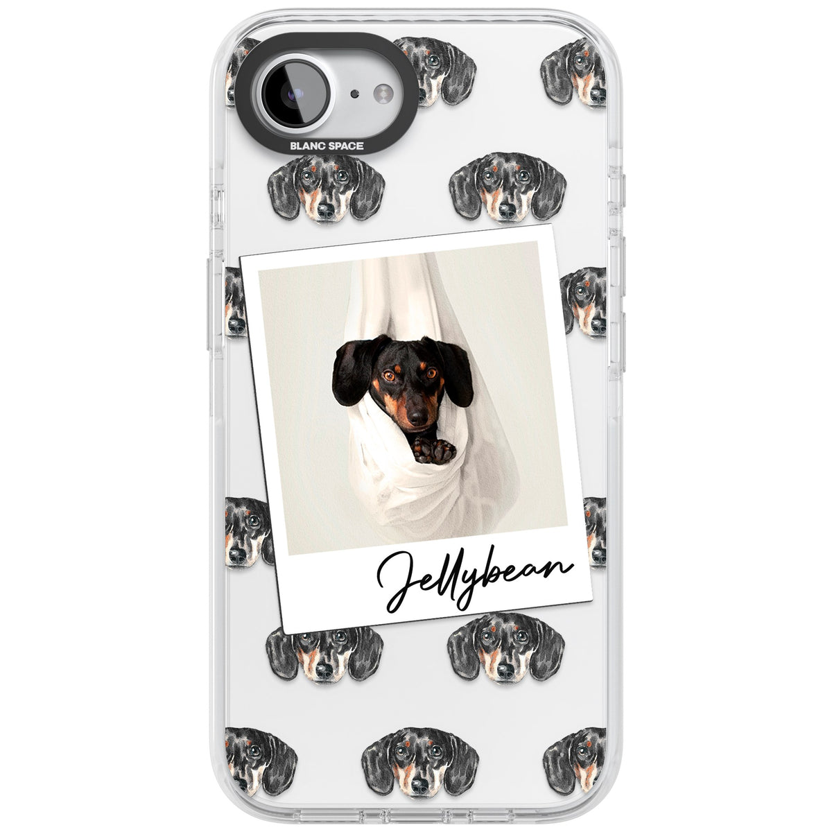 Personalised Black Dachshund Instant Camera Photo iPhone 16e / iPhone 17e Impact Clear Phone Case front