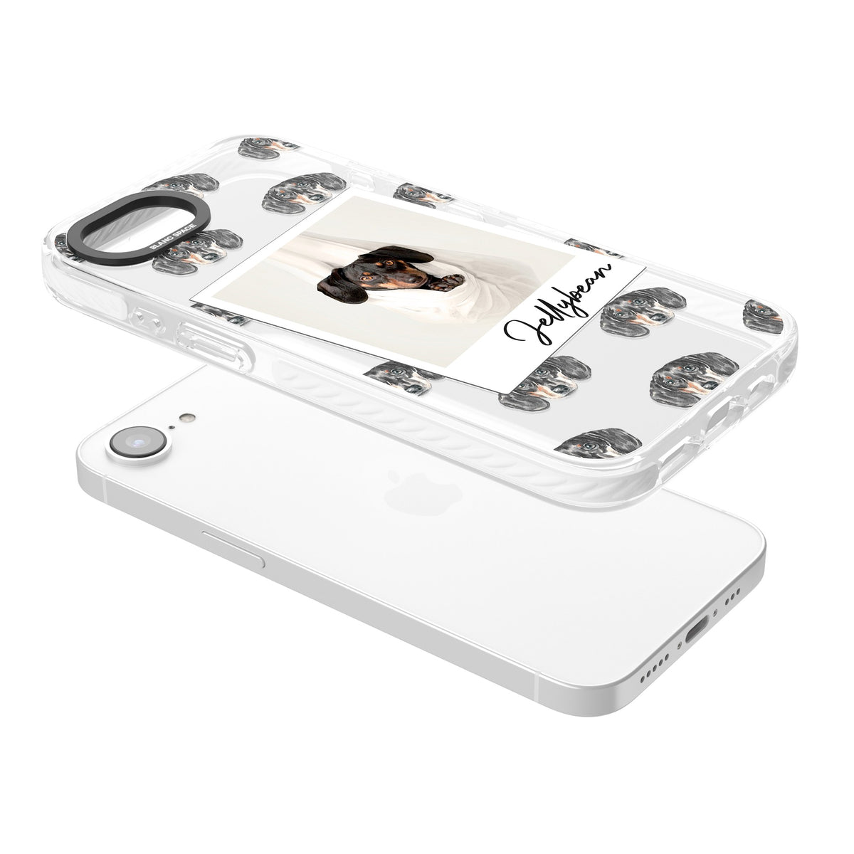Personalised Black Dachshund Instant Camera Photo iPhone 16e / iPhone 17e Impact Clear Phone Case angled
