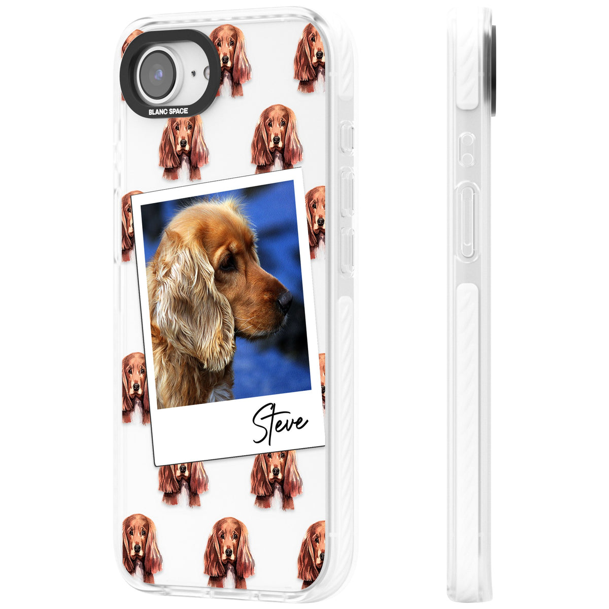 Personalised Cocker Spaniel Instant Camera Photo iPhone 16e / iPhone 17e Impact Clear Phone Case side