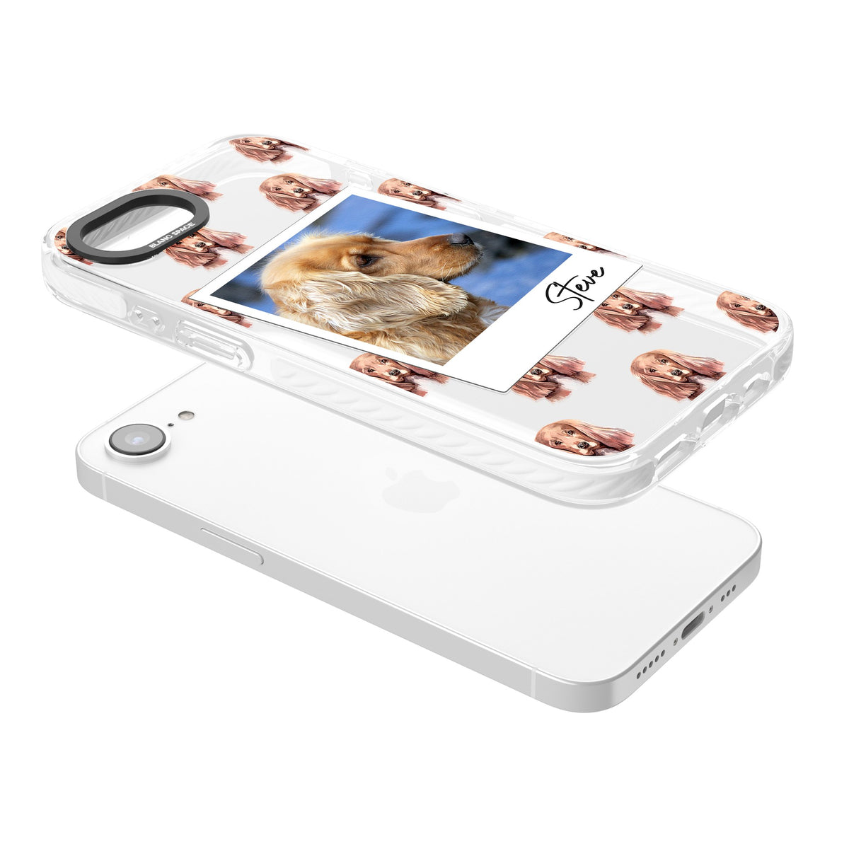 Personalised Cocker Spaniel Instant Camera Photo iPhone 16e / iPhone 17e Impact Clear Phone Case angled