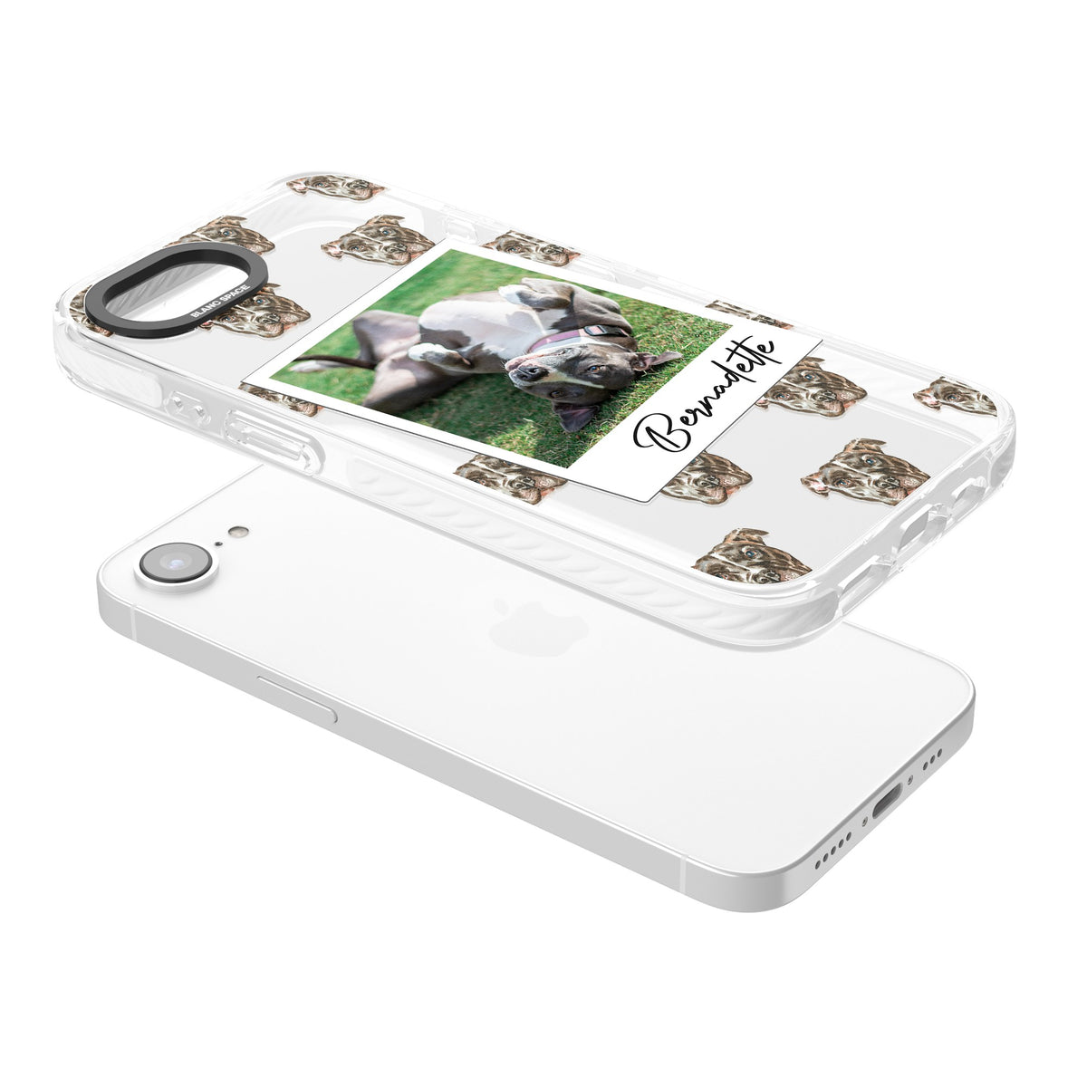 Personalised Staffordshire Bull Terrier Instant Camera Photo iPhone 16e / iPhone 17e Impact Clear Phone Case angled