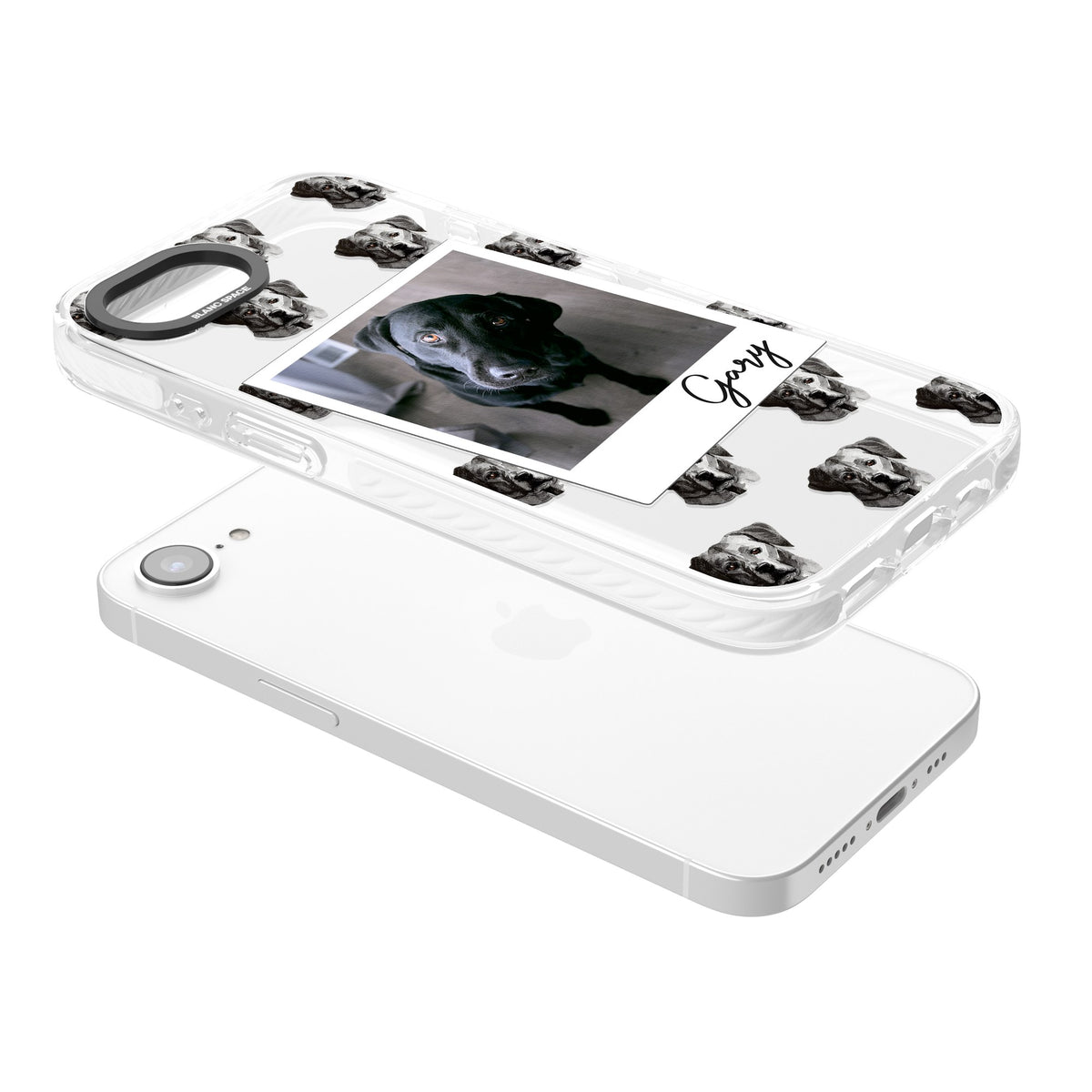 Personalised Black Labrador Instant Camera Photo iPhone 16e / iPhone 17e Impact Clear Phone Case angled