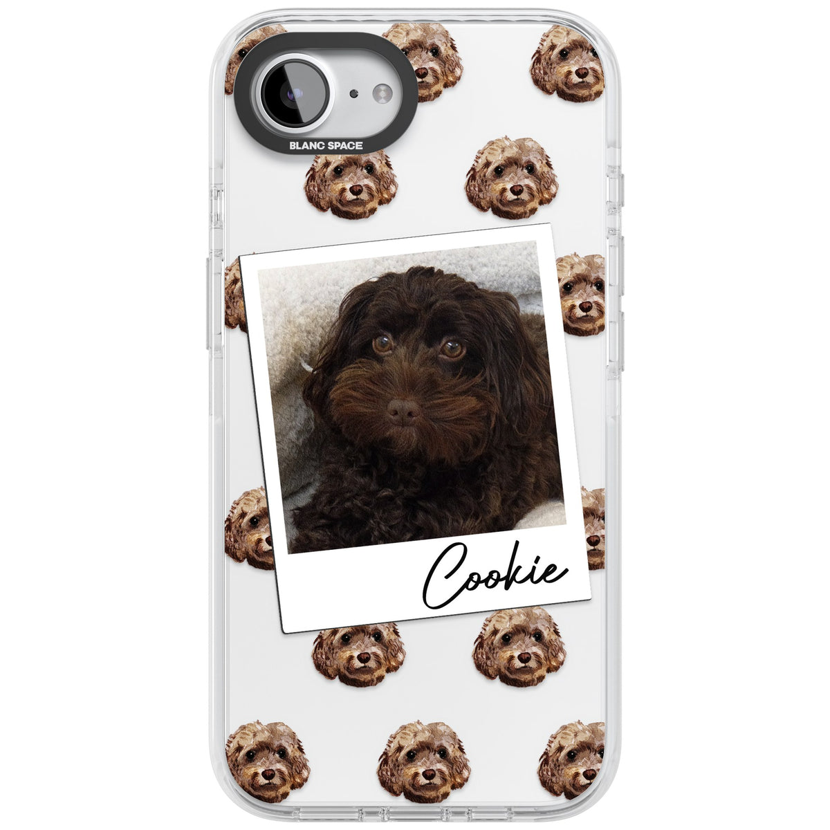 Personalised Brown Cockapoo Instant Camera Photo iPhone 16e / iPhone 17e Impact Clear Phone Case front