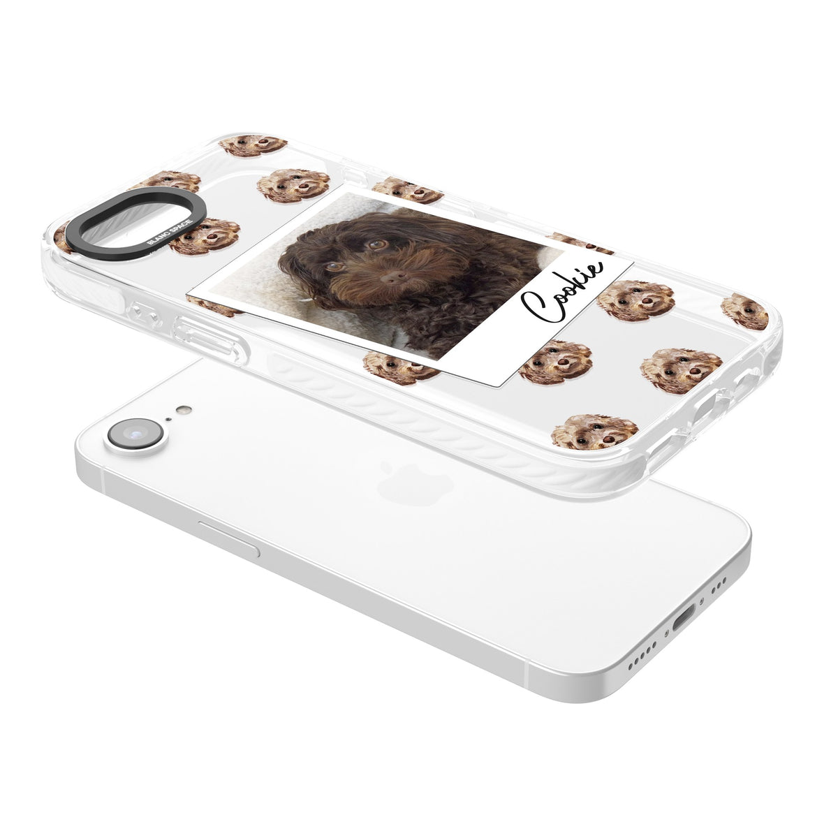 Personalised Brown Cockapoo Instant Camera Photo iPhone 16e / iPhone 17e Impact Clear Phone Case angled
