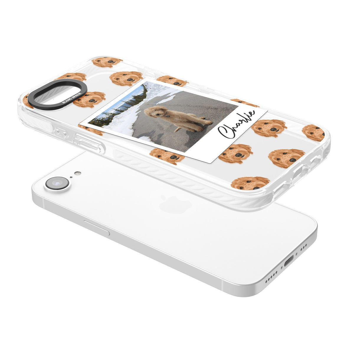 Personalised Golden Doodle Dog Photo iPhone 16e / iPhone 17e Impact Clear Phone Case angled