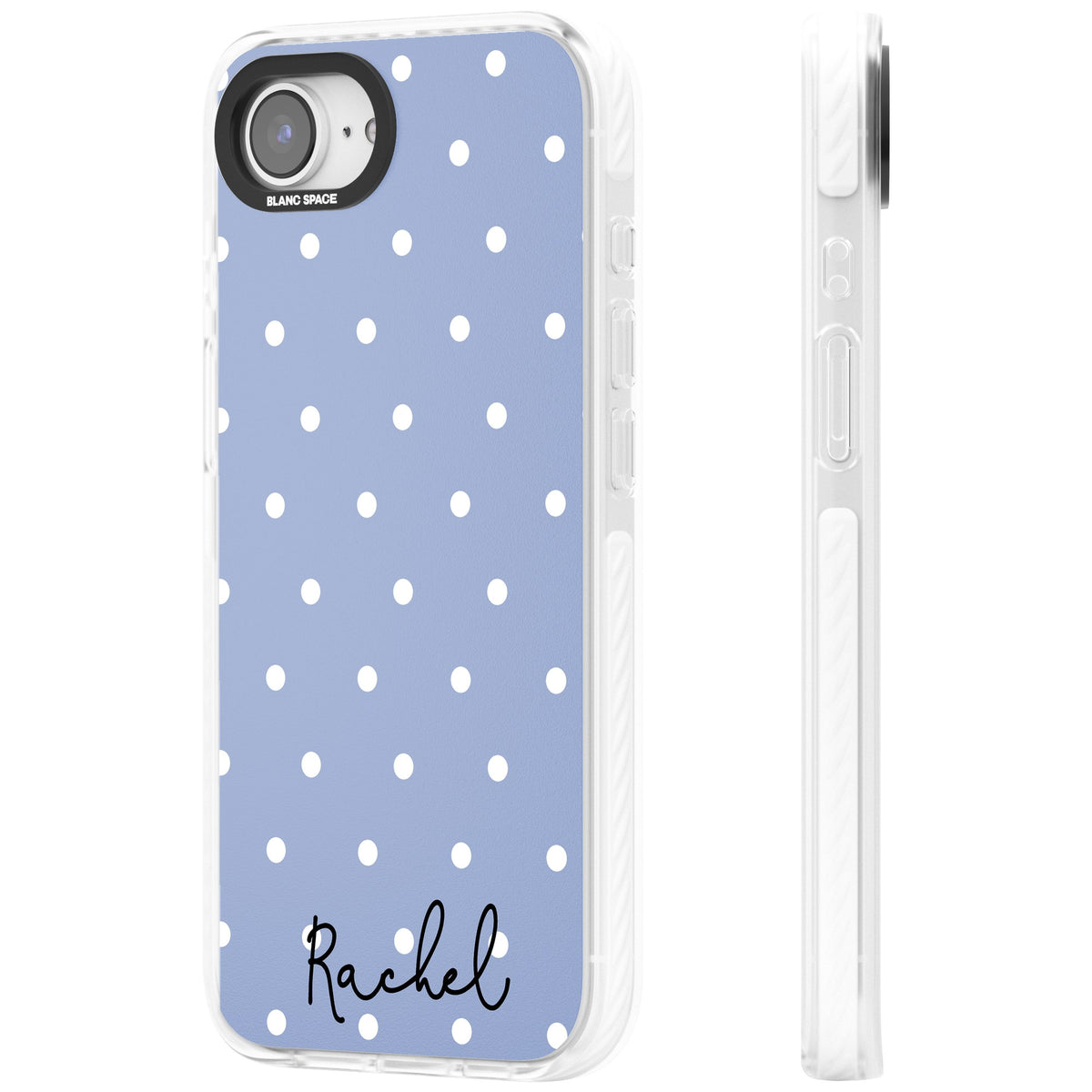 Personalised Powder Blue Dots iPhone 16e / iPhone 17e Impact Clear Phone Case side