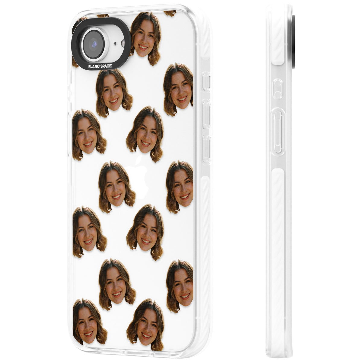 Falling Faces Pattern iPhone 16e / iPhone 17e Impact Clear Phone Case side