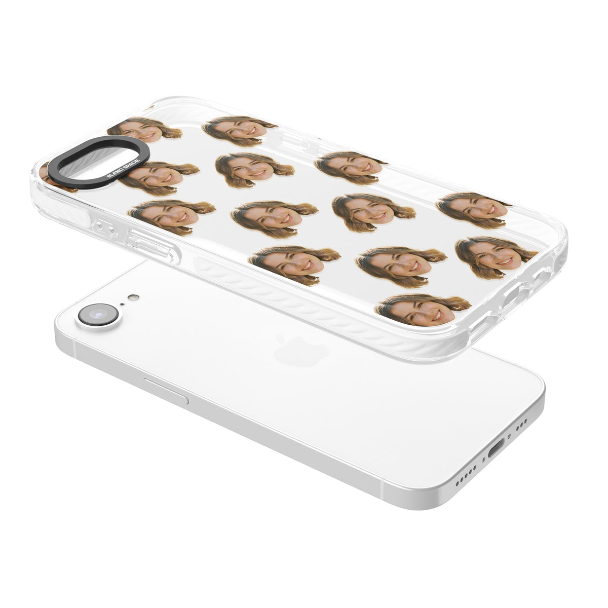Falling Faces Pattern iPhone 16e / iPhone 17e Impact Clear Phone Case angled