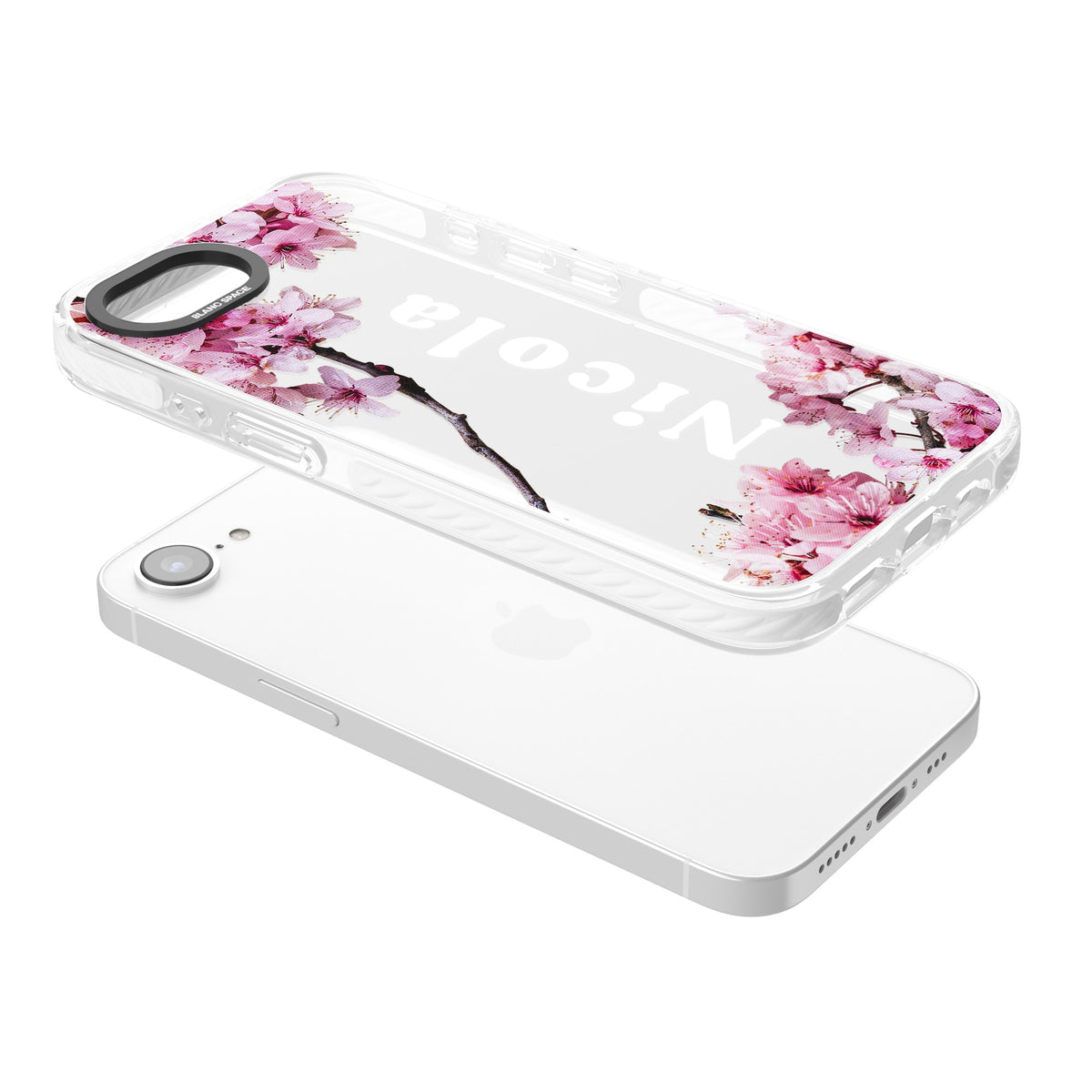 Personalised Cherry Blossom iPhone 16e / iPhone 17e Impact Clear Phone Case angled