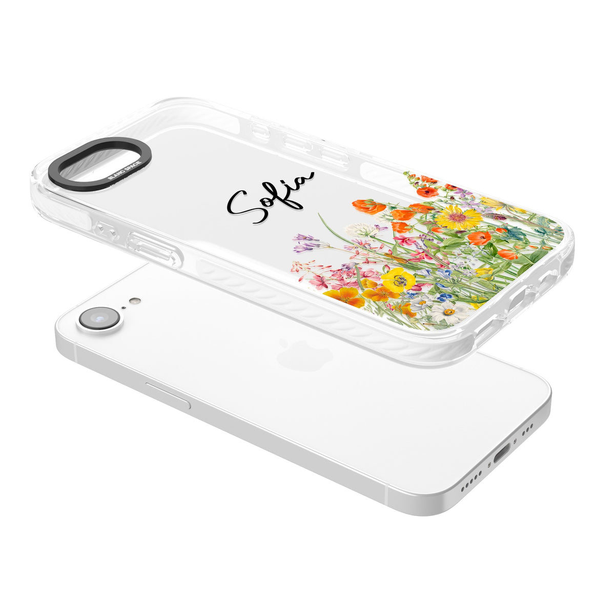 Personalised Summer Wildflowers iPhone 16e / iPhone 17e Impact Clear Phone Case angled