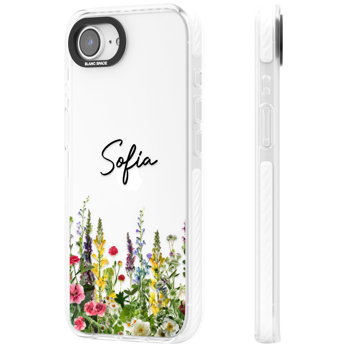 Personalised Garden Wildfowers iPhone 16e / iPhone 17e Impact Clear Phone Case side