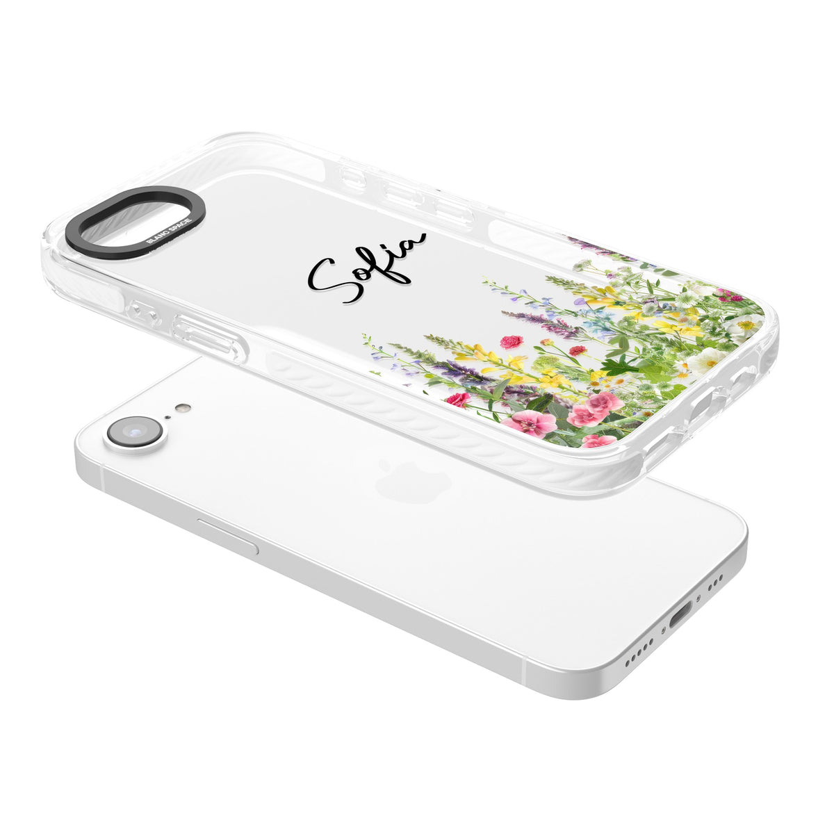 Personalised Garden Wildfowers iPhone 16e / iPhone 17e Impact Clear Phone Case angled