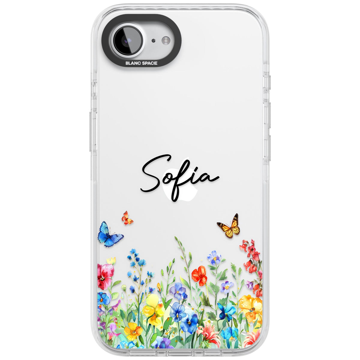 Personalised Buterflies Wildflowers iPhone 16e / iPhone 17e Impact Clear Phone Case front