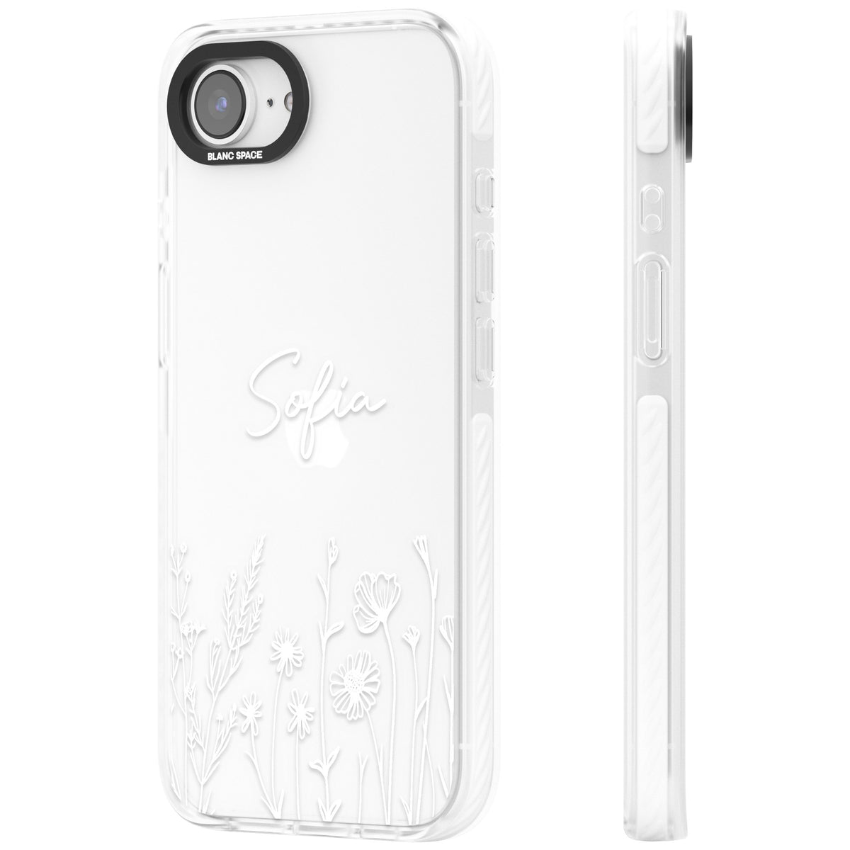 Personalised White Wildflowers iPhone 16e / iPhone 17e Impact Clear Phone Case side