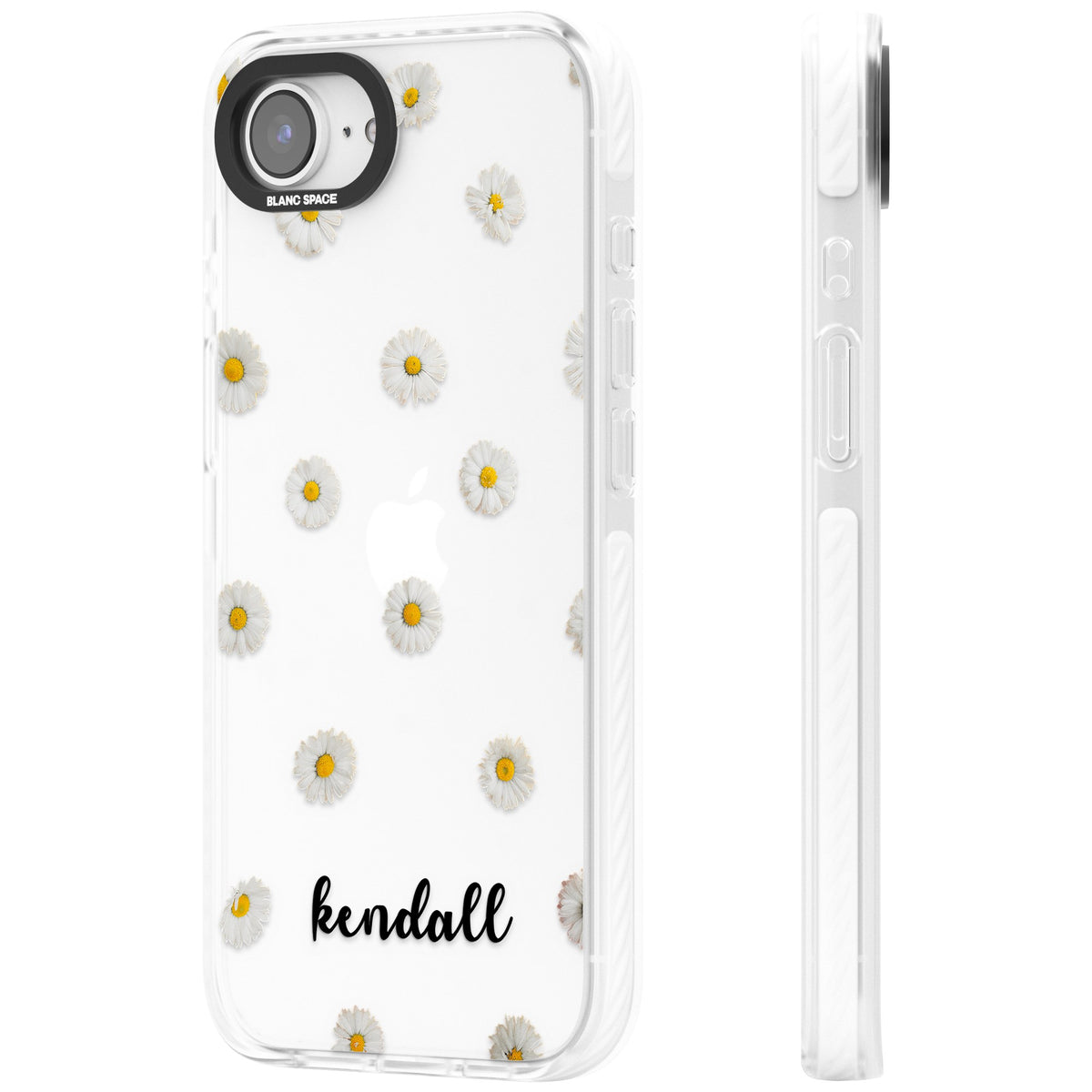Personalised White Daisies & Cursive iPhone 16e / iPhone 17e Impact Clear Phone Case side