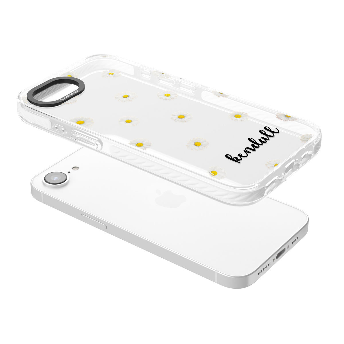 Personalised White Daisies & Cursive iPhone 16e / iPhone 17e Impact Clear Phone Case angled