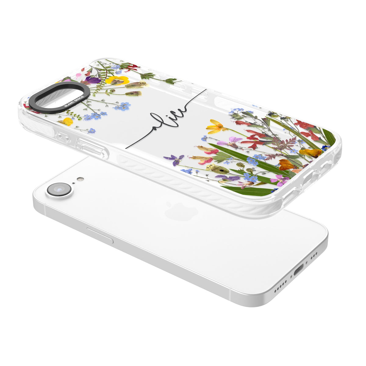 Personalised Wildflower Name iPhone 16e / iPhone 17e Impact Clear Phone Case angled