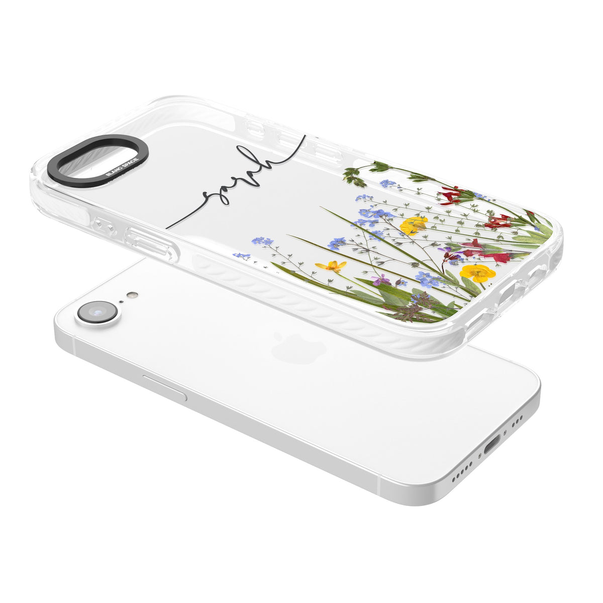 Personalised Wildflower Script iPhone 16e / iPhone 17e Impact Clear Phone Case angled
