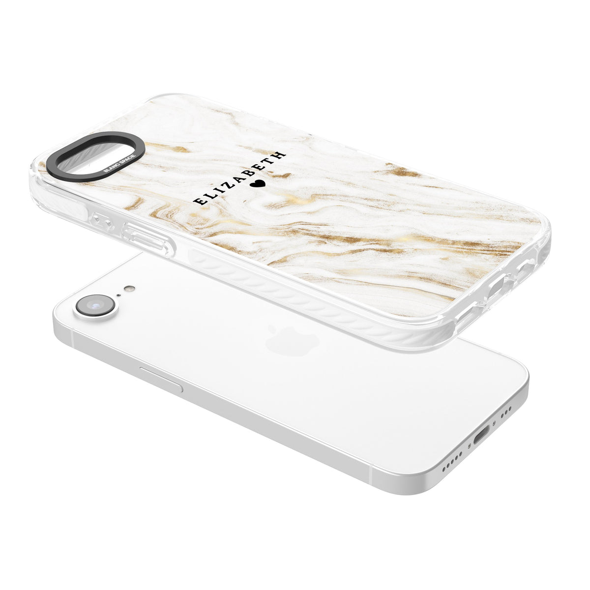 Personalised White Gilded Marble iPhone 16e / iPhone 17e Impact Clear Phone Case angled