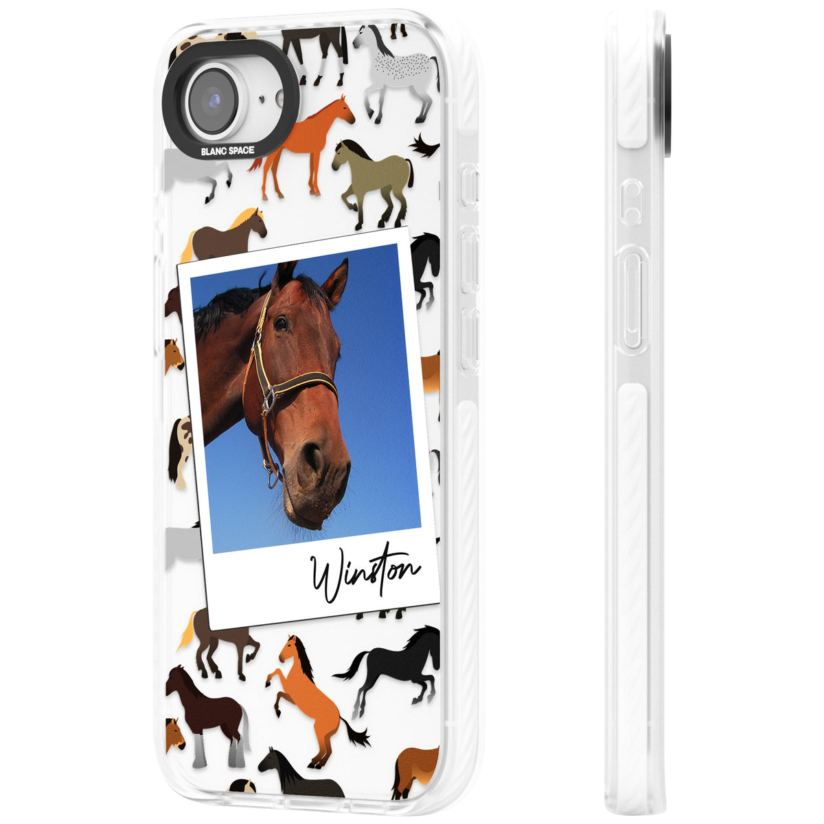 Personalised Horse Polaroid iPhone 16e / iPhone 17e Impact Clear Phone Case side