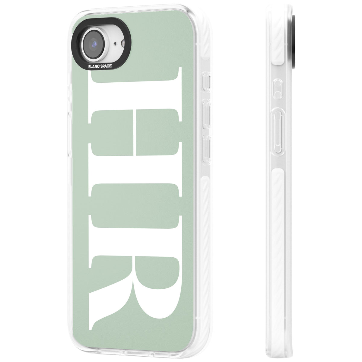 Personalised White & Seafoam Letters iPhone 16e / iPhone 17e Impact Clear Phone Case side