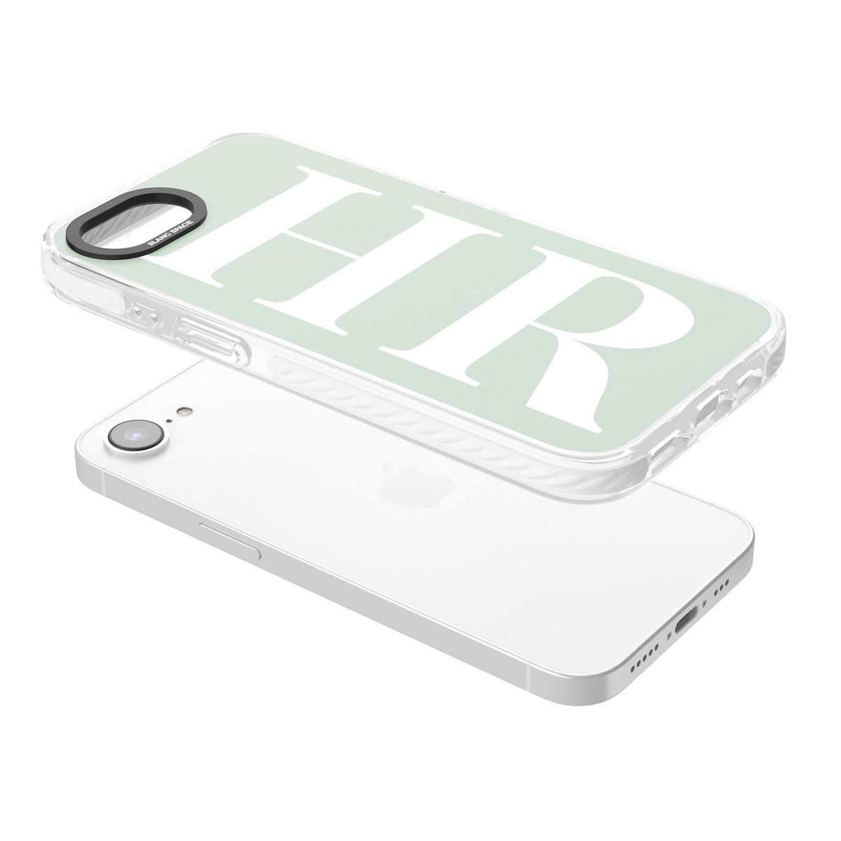 Personalised White & Seafoam Letters iPhone 16e / iPhone 17e Impact Clear Phone Case angled