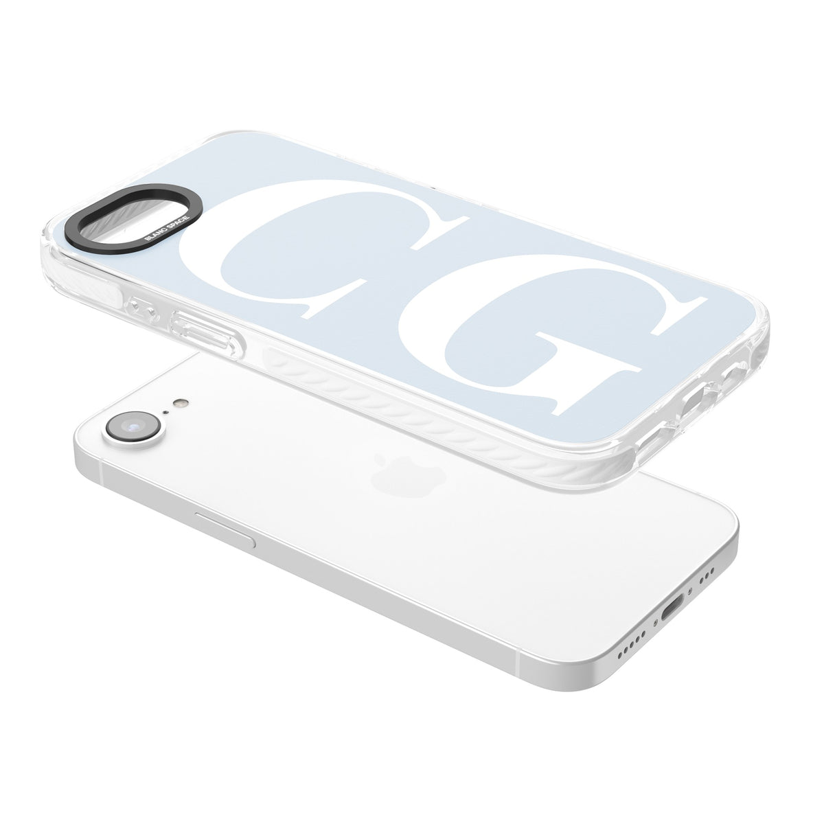Personalised White & Blue Letters iPhone 16e / iPhone 17e Impact Clear Phone Case angled