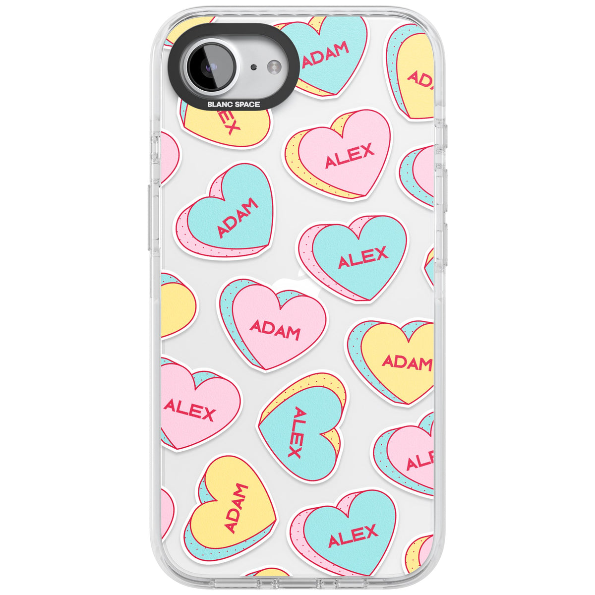 Personalised Love Heart Sweets iPhone 16e / iPhone 17e Impact Clear Phone Case front