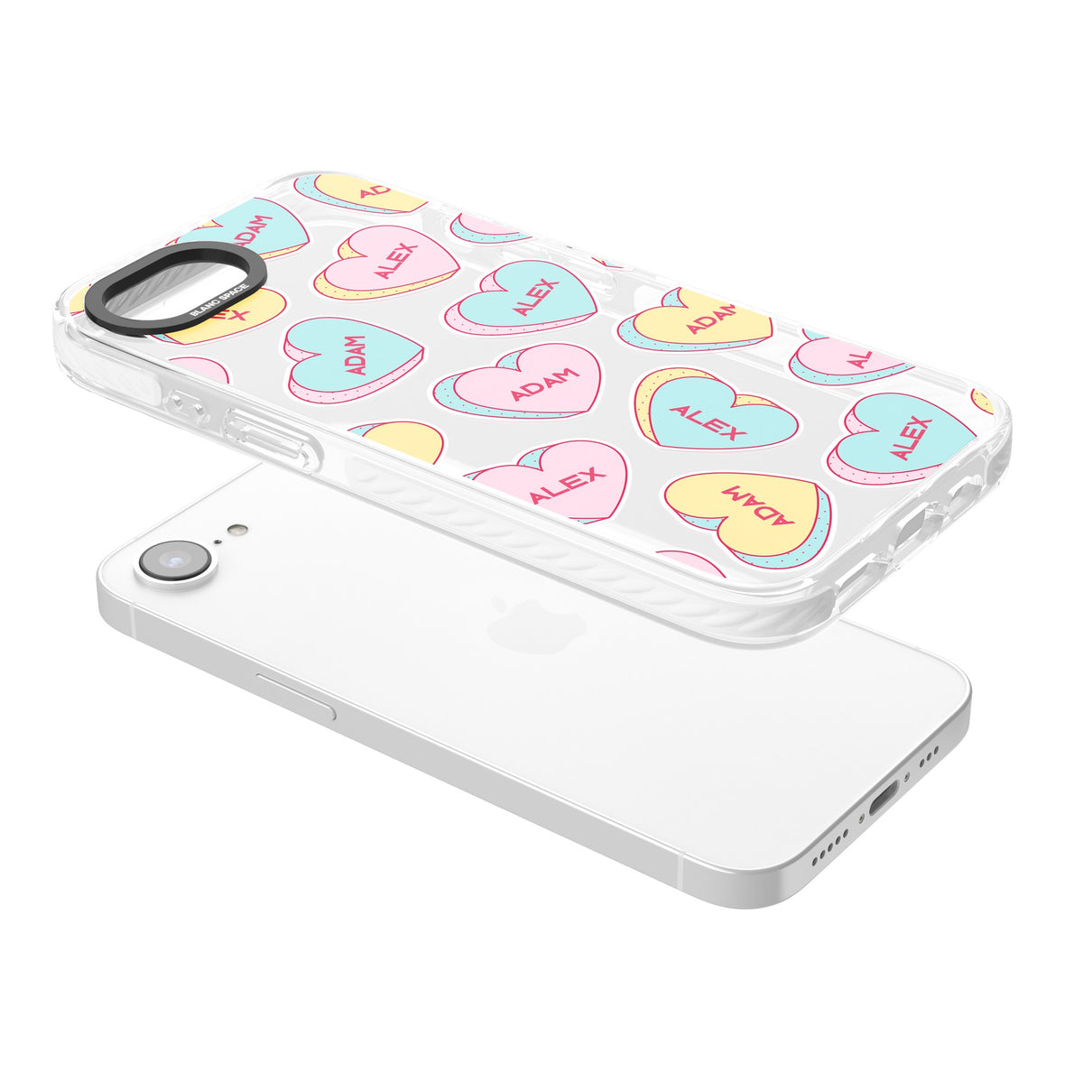 Personalised Love Heart Sweets iPhone 16e / iPhone 17e Impact Clear Phone Case angled