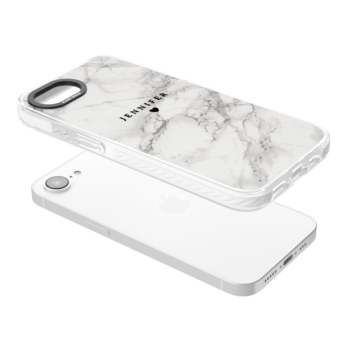 Personalised Classic Grey Marble iPhone 16e / iPhone 17e Impact Clear Phone Case angled