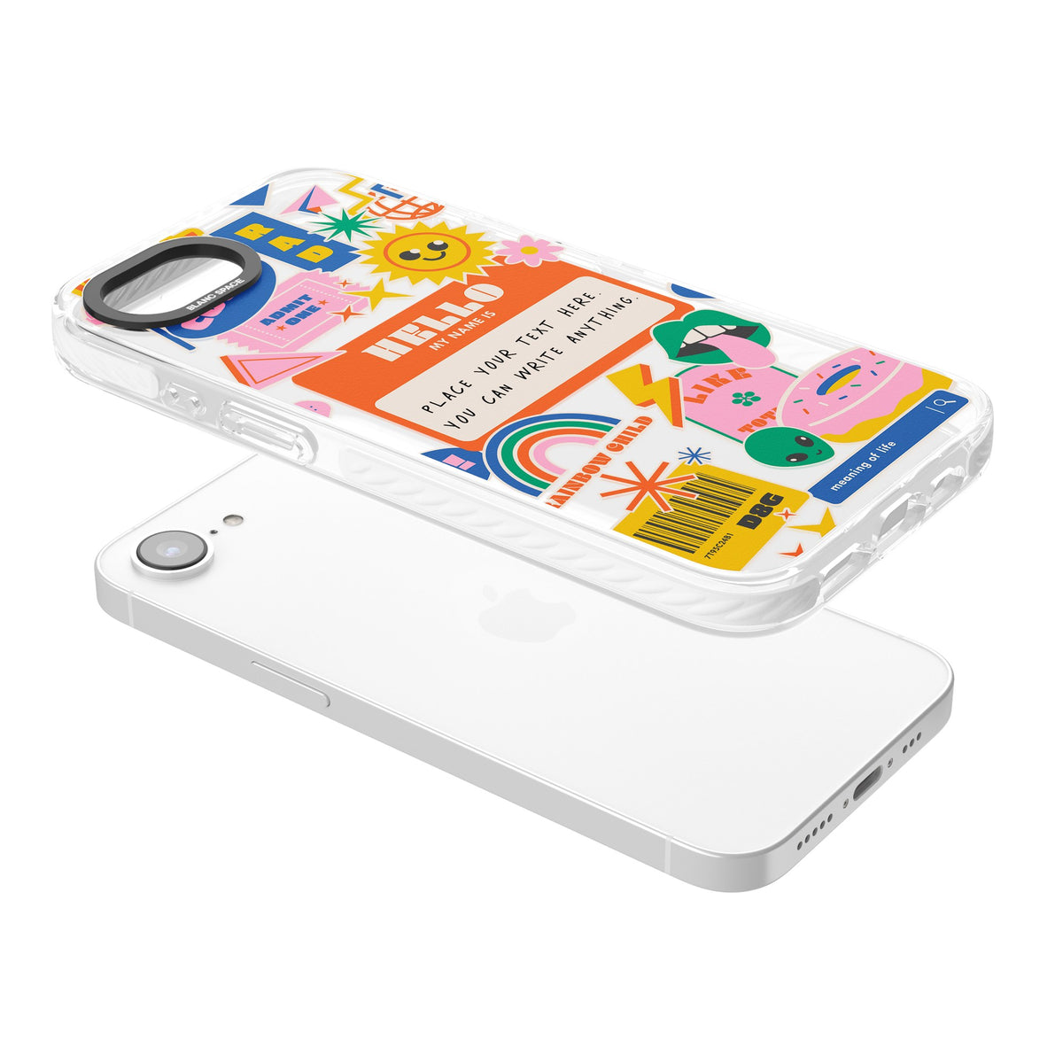 Personalised Retro Nametag Sticker iPhone 16e / iPhone 17e Impact Clear Phone Case angled