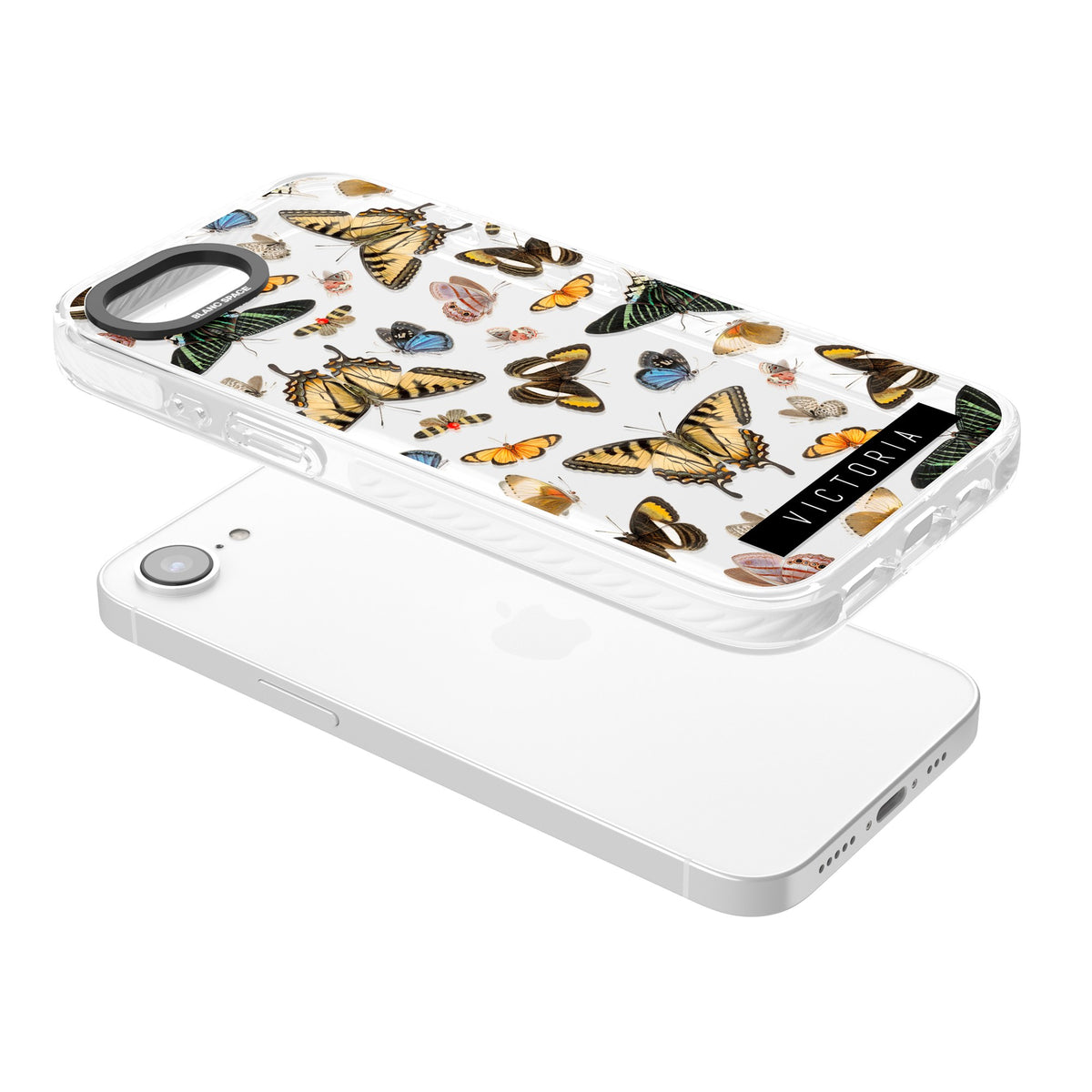 Personalised Butterfly Archive iPhone 16e / iPhone 17e Impact Clear Phone Case angled