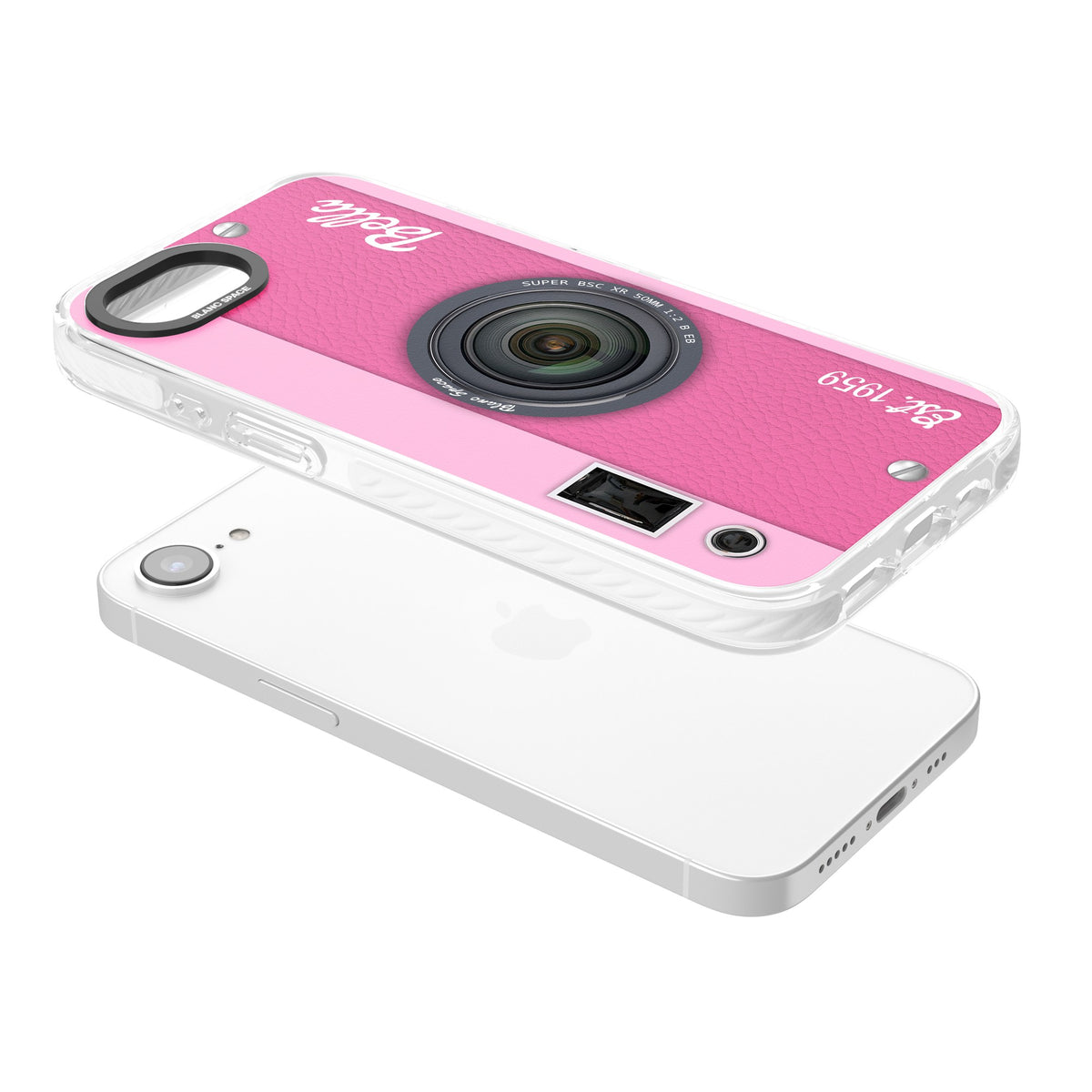 Personalised Pink Dream Camera iPhone 16e / iPhone 17e Impact Clear Phone Case angled