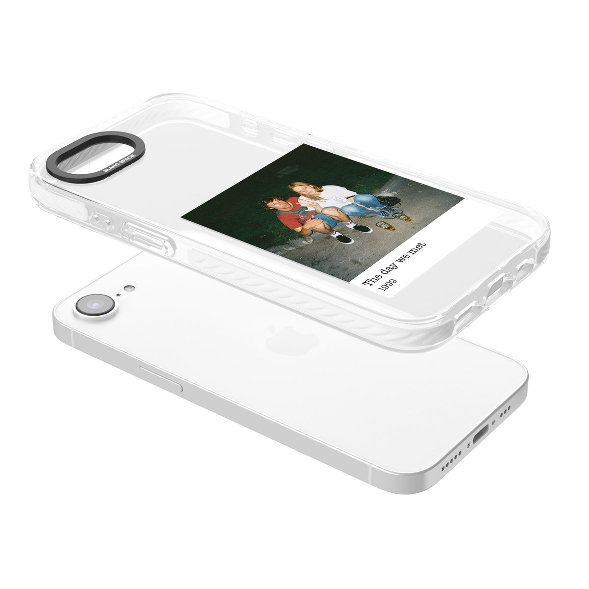 Personalised Photo Memory iPhone 16e / iPhone 17e Impact Clear Phone Case angled