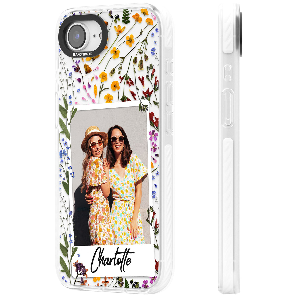 Personalised Wildflower Polaroid iPhone 16e / iPhone 17e Impact Clear Phone Case side