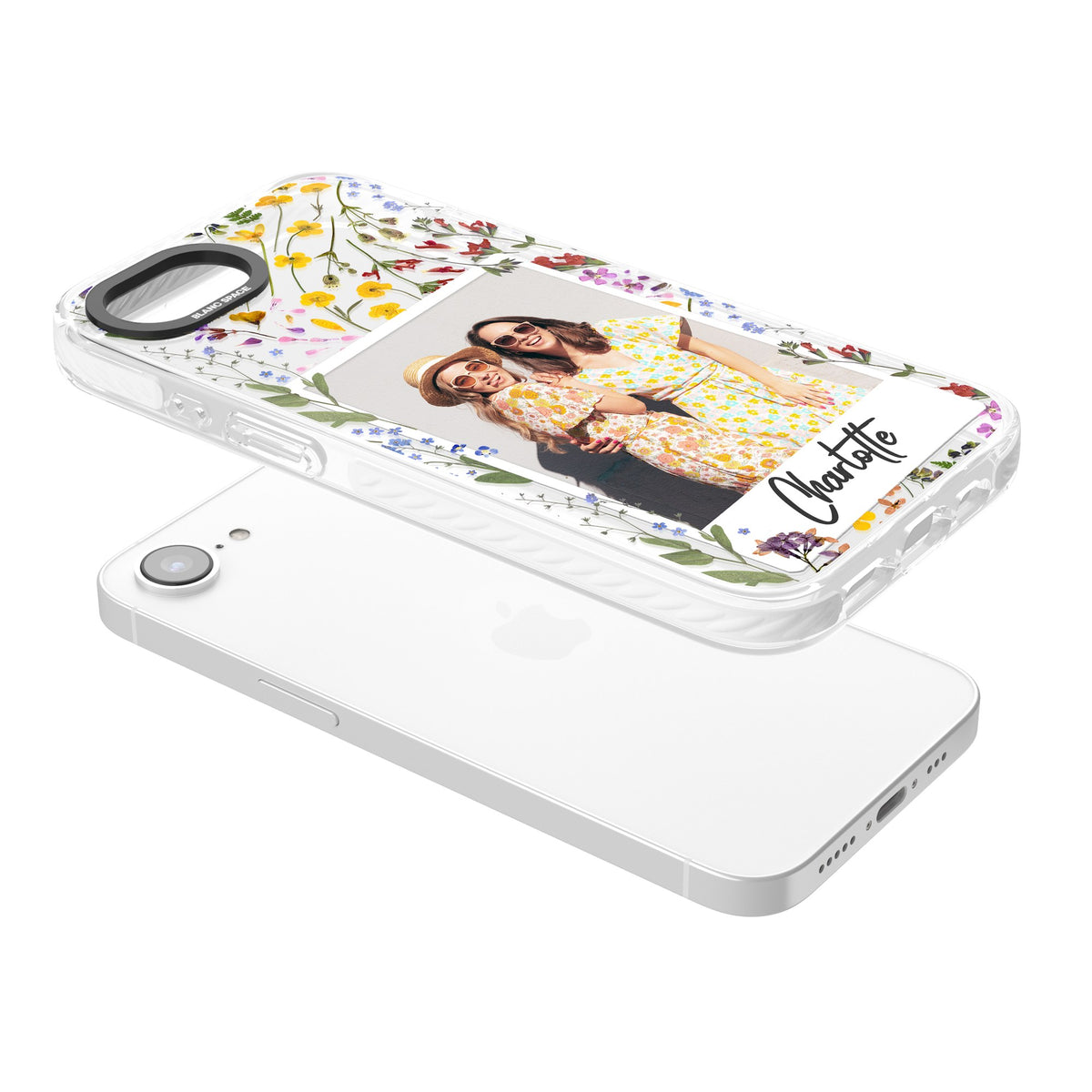 Personalised Wildflower Polaroid iPhone 16e / iPhone 17e Impact Clear Phone Case angled