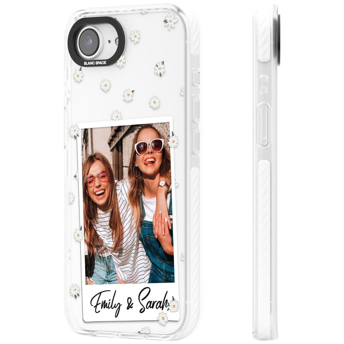 Personalised Daisy Polaroid iPhone 16e / iPhone 17e Impact Clear Phone Case side