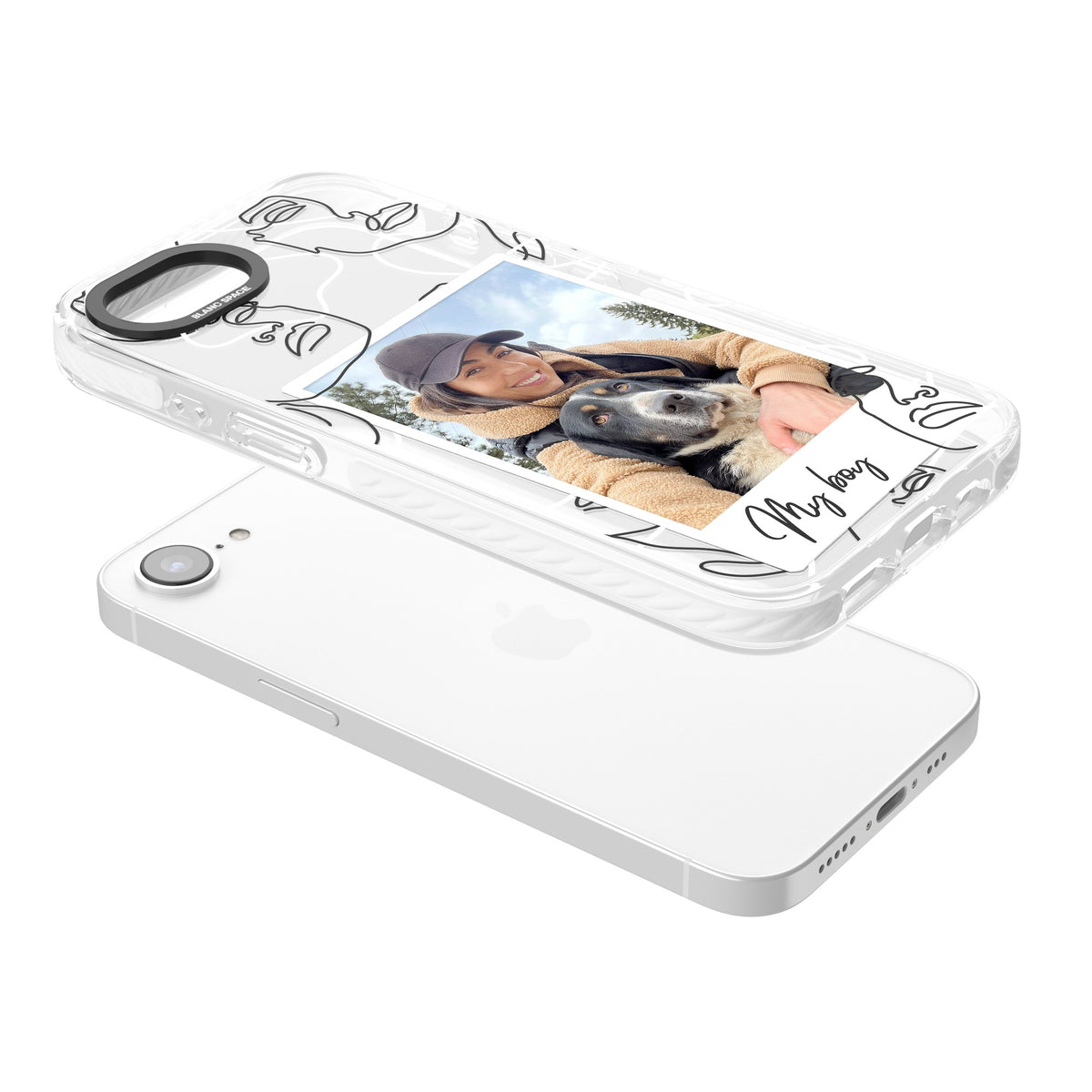 Personalised Abstract Faces Instant Photo iPhone 16e / iPhone 17e Impact Clear Phone Case angled