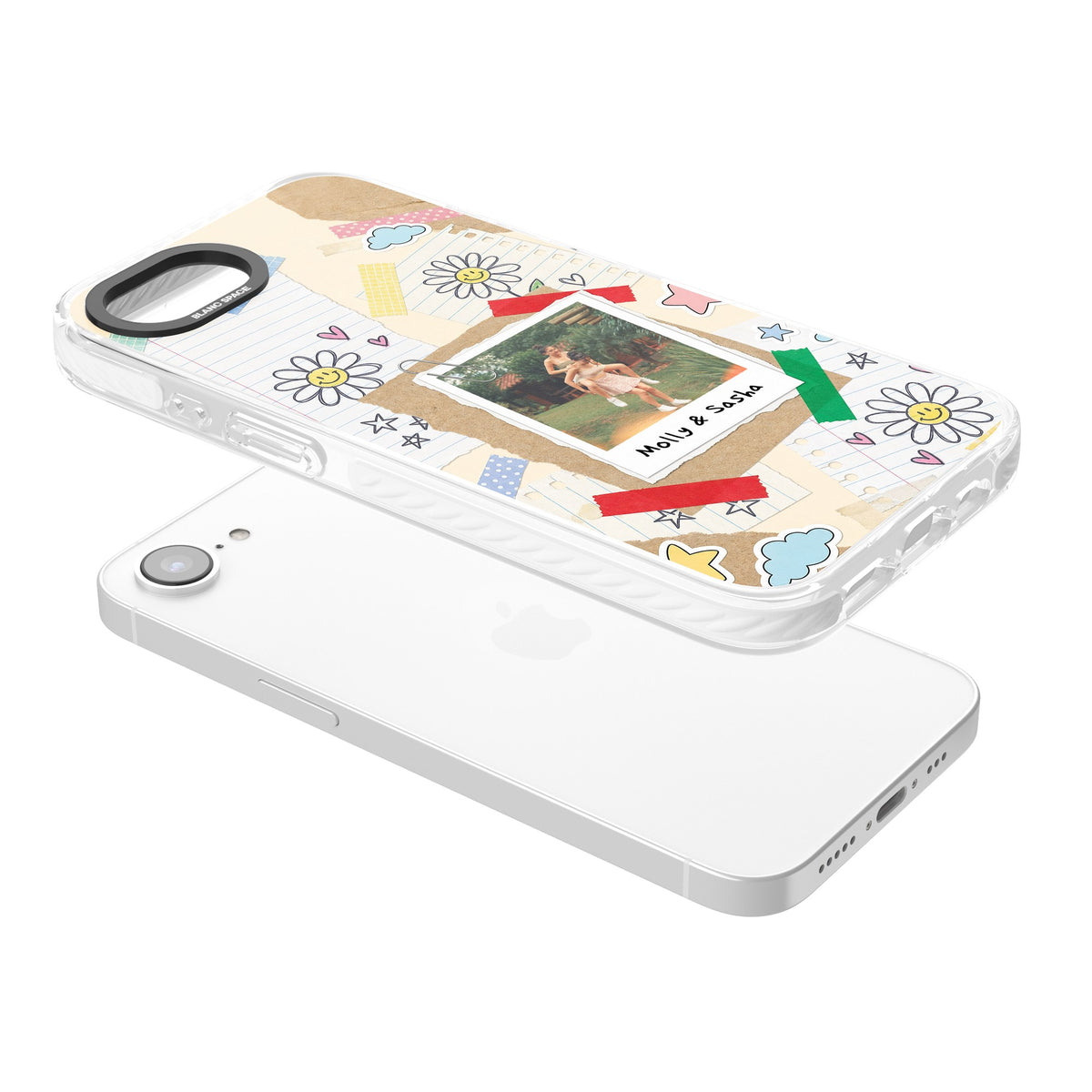 Personalised Scrapbook Photo iPhone 16e / iPhone 17e Impact Clear Phone Case angled