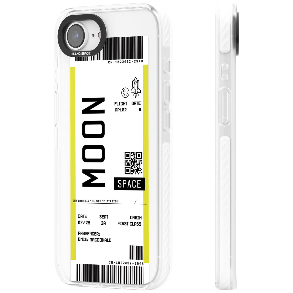 Personalised Moon Travel Ticket iPhone 16e / iPhone 17e Impact Clear Phone Case side