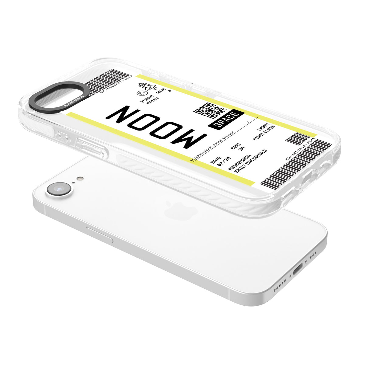 Personalised Moon Travel Ticket iPhone 16e / iPhone 17e Impact Clear Phone Case angled